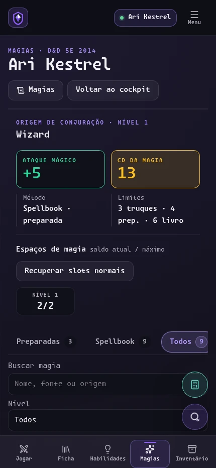 Tela de Magias do Player para um Wizard de nível 1, com ataque mágico +5, CD 13, limites de magia e espaços 2 de 2.